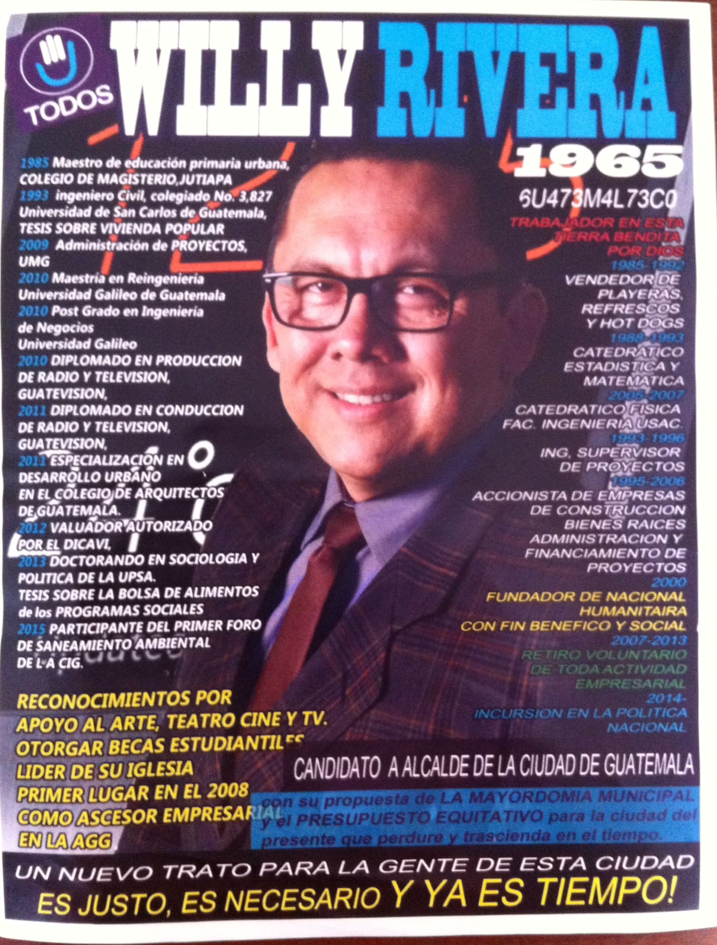Impreso con el que se promociona Willy Rivera como candidato a la alcaldía.