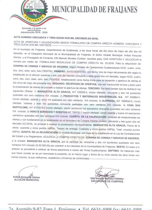 Acta adjudicación de contrato. Guatecompras.