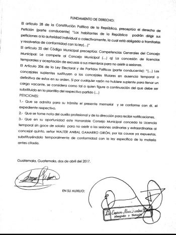 Solicitud presentada por Walter Aníbal Gamarro al Concejo Municipal de Chicamán.