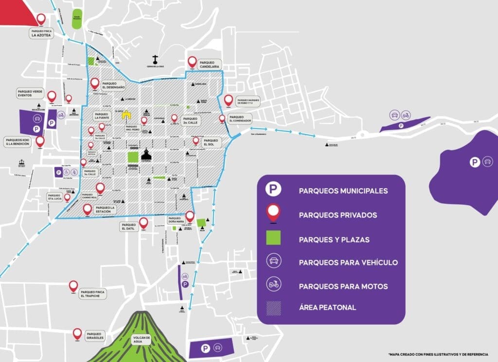 En este mapa localiza los parqueos disponibles para visitar La Antigua Guatemala.