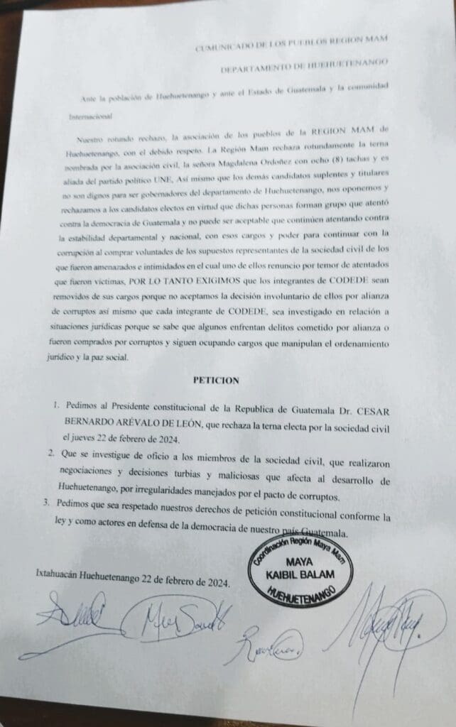 Pueblos de la Región Mam rechazan elección en un comunicado.