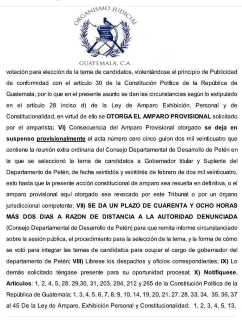 Un amparo dejó en suspenso la elección de gobernador en Petén