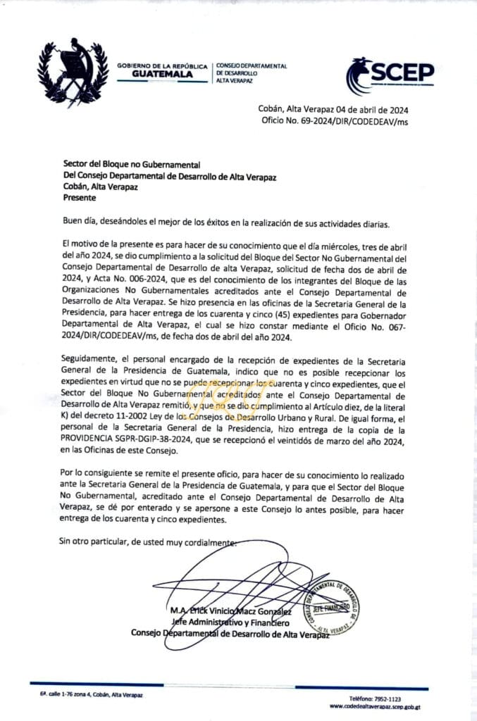 El Jefe Administrativo y Financiero del codede de Alta Verapaz anuncia que el listado no fue recibido