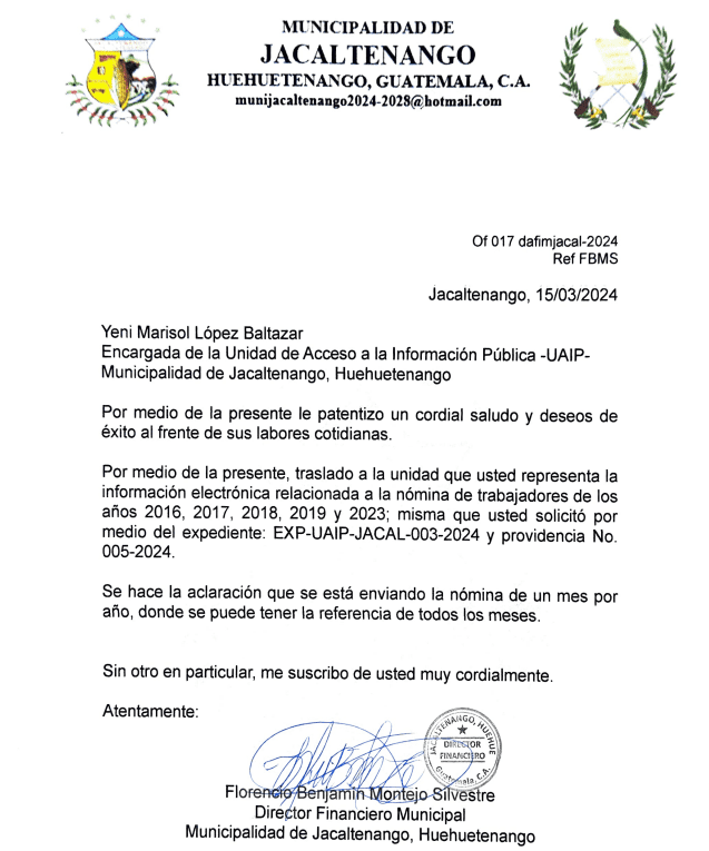 Oficio con la respuesta del Director Financiero Municipal a la Encargada de la Unidad de Acceso a la Información Pública.
