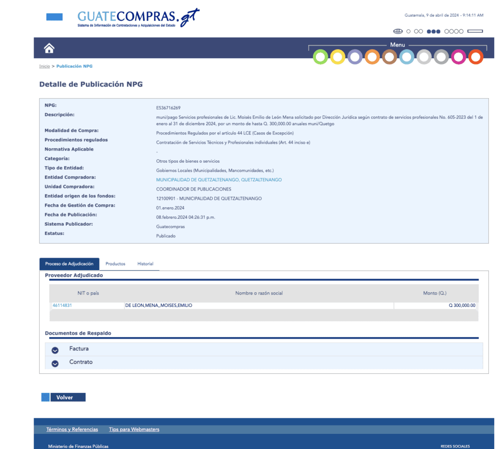 En tanto que Moisés Emilio de León Mena también presta servicios profesionales a la dirección jurídica, por un monto anual de Q300 mil, es decir Q25 mil mensuales. También presta servicios a la alcaldía de San Francisco El Alto por Q92 mil anuales y dio a la de Cajolá por Q81 mil anuales el año pasado.
