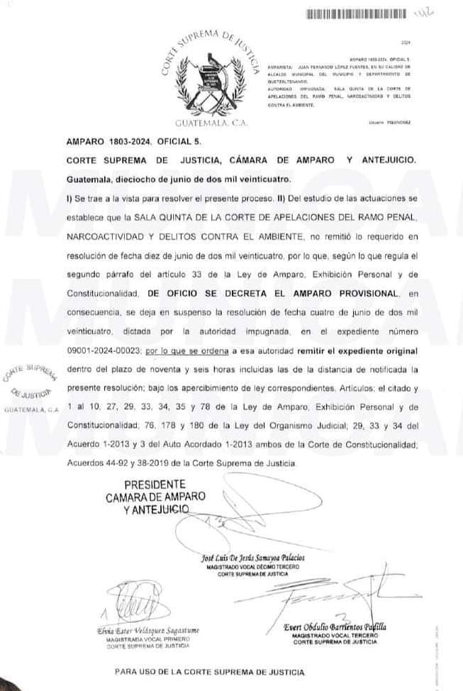 Copia de la resolución de la Corte Suprema de Justicia, donde se establece amparar de manera provisional al alcalde Juan Fernando López.