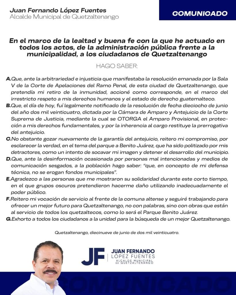 El comunicado que el alcalde de Quetzaltenango, Juan Fernando López, pegó en su fanpage. Foto: Facebook.