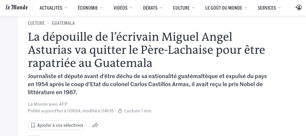 Diario francés Le Monde: Los restos del escritor Miguel Ángel Asturias saldrán del Père-Lachaise para ser repatriados a Guatemala