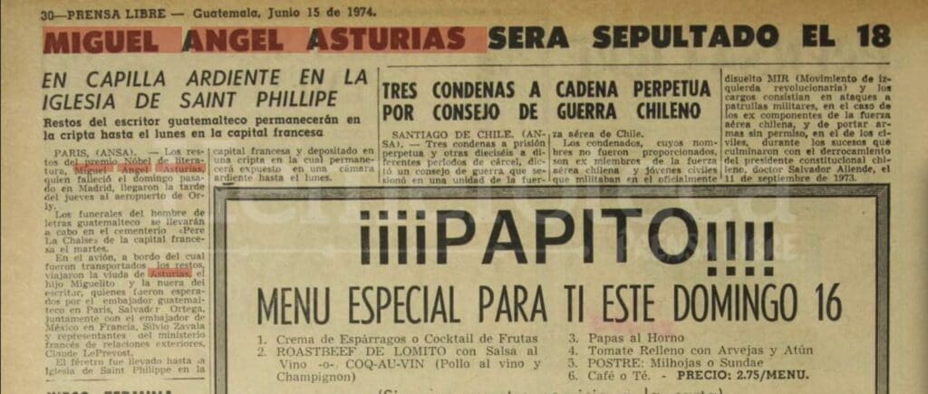 Noticia de Prensa Libre el 15 de junio de 1974, donde anunciaba el entierro de Asturias para el 18.