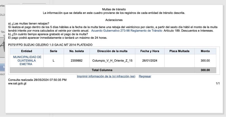 El sistema te muestra de esta manera las multas por cámara.