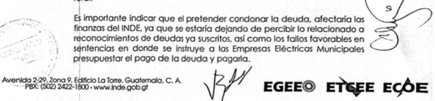 Documento emitido por el INDE. Fuente: Congreso.