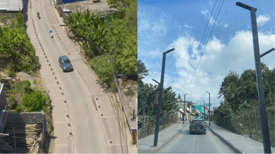 Paso peatonal con bolardos y estructuras metálicas. Foto: municipalidad de Jacaltenango.