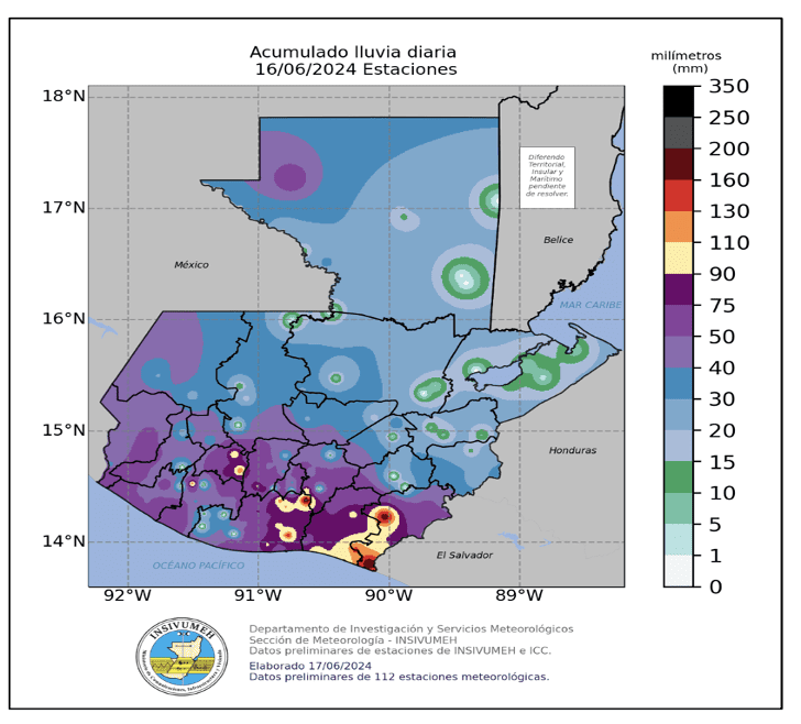 Acumulación de lluvia el 16 de junio. Fuente: INSIVUMEH.