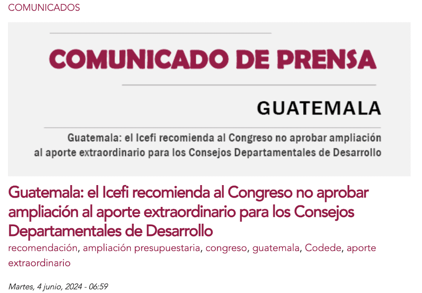 Comunicado emitido del 4 de junio en donde recomiendan no aprobar ampliación para Codedes. Foto: Icefi.