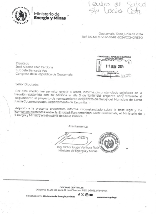 Informe realizado por el ministro de Energía y Minas en el que se detalla la situación de la minera Pan American Silver. Foto: copia proporcionada por el diputado José Chic.