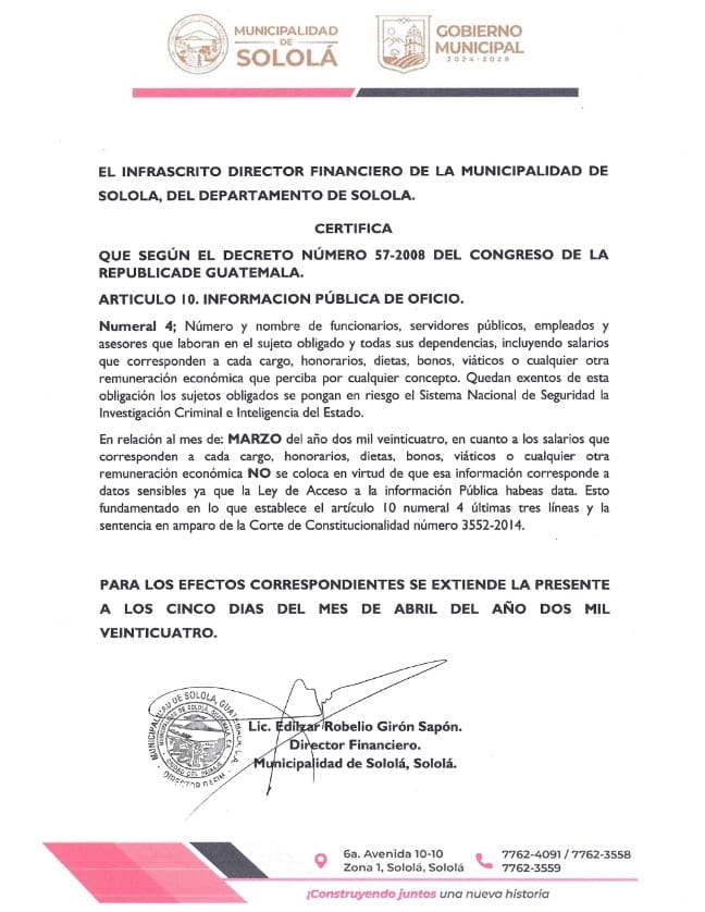 Certificado subido al portal web en el numeral 4, del artículo 10 de la LAIP. Imagen: Municipalidad de Sololá.