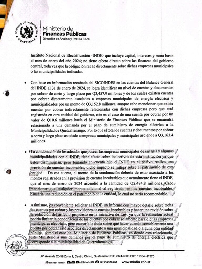 Documento enviado por el Minfin al presidente de la comisión Esduin Javier.