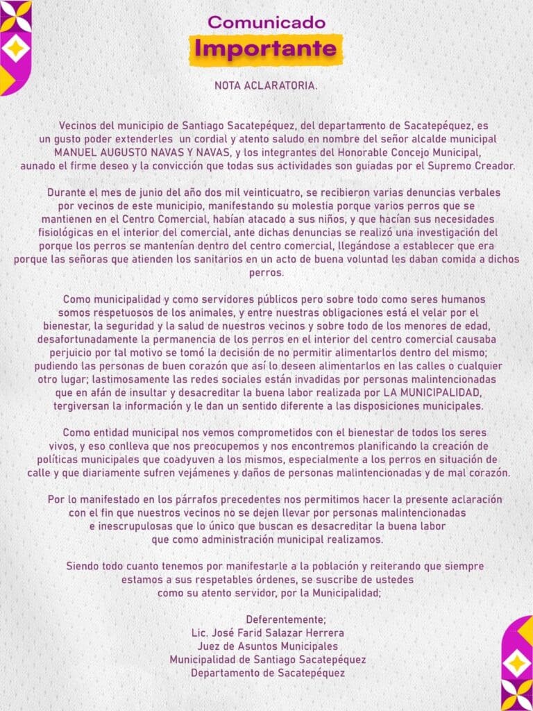 El comunicado de la municipalidad De Santiago Sacatepéquez.