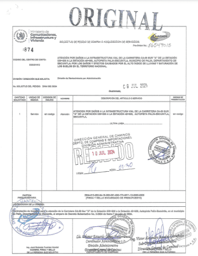 Concurso en el que se solicitaba el servicios de la carretera Palín-Escuintla. Foto: Guatecompras.