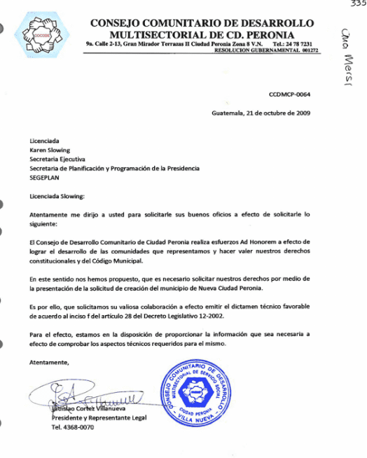 Carta del Consejo Comunitario de Desarrollo Multisectorial de Ciudad Peronia.