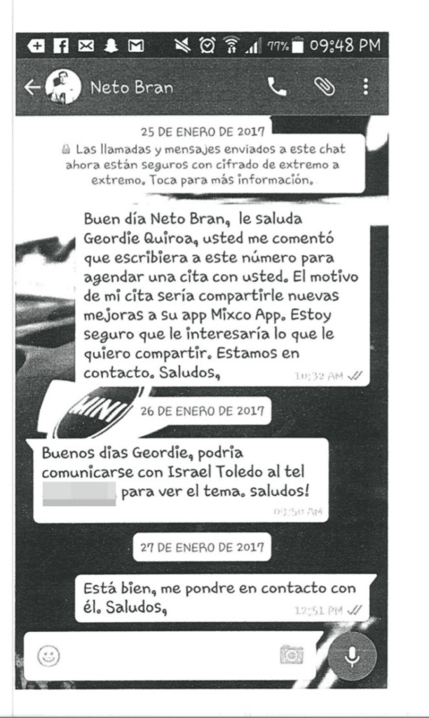 Última conversación entre Neto Bran y Geordie Quiroa. Foto: Evidencia adjunta en la denuncia.