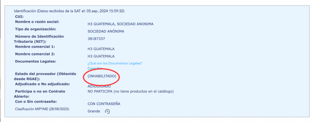 Página de la empresa H3, S.A., ahora inhabilitada. Foto: Guatecompras.
