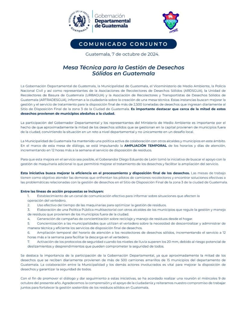 El comunicado de la municipalidad de Guatemala donde confirma que se reunirá de nuevo el miércoles con la Gremial de Recolectores. 