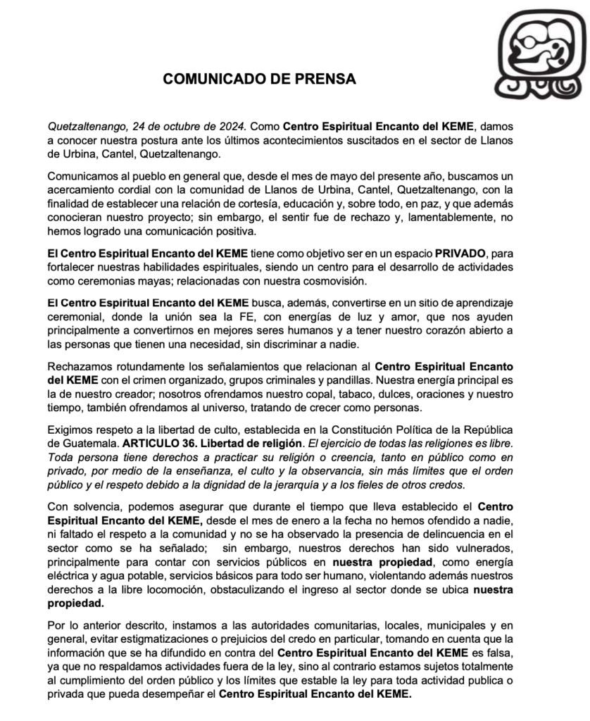 Comunicado del Centro Espiritual Encanto de Keme.
