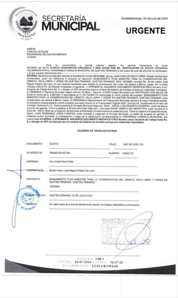La Constructora tiene un contrato vigente por Q11 millones, para las tres fuentes que se colocaron en el parque Benito Juárez. Le dieron más de Q2 millones, por eso el contrato subió a Q15 millones entre febrero de 2023 a noviembre 2024.
