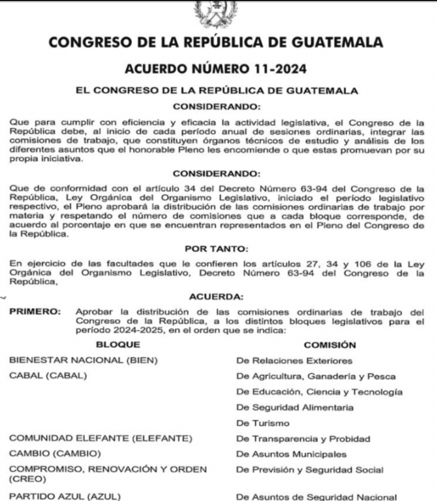 Acuerdo 11-2024 publicado el 22 de febrero con las comisiones de trabajo para 2024. 