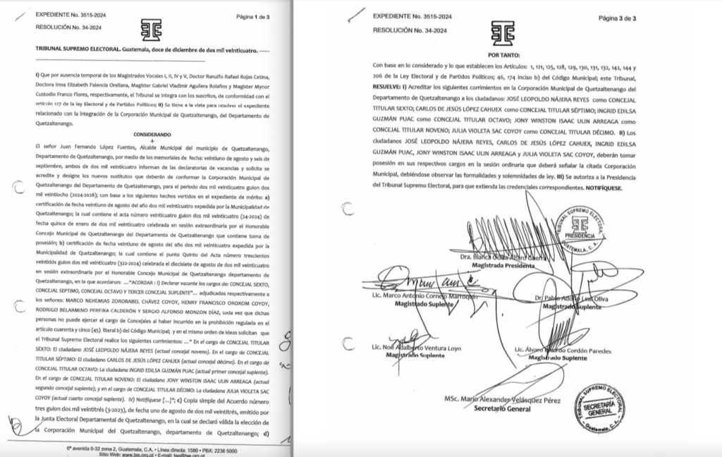 Esta es la resolución emitida por el Tribunal Supremo Electoral, en el que se plantean los argumentos para avalar la sustitución de los concejales de SBX