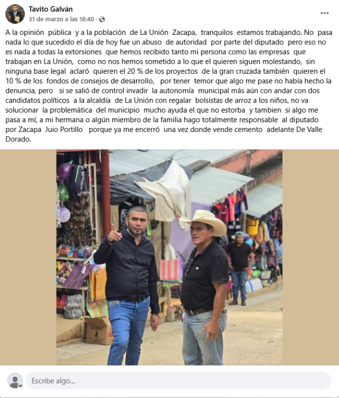 Denuncia del alcalde Edvin Gustavo Galván.