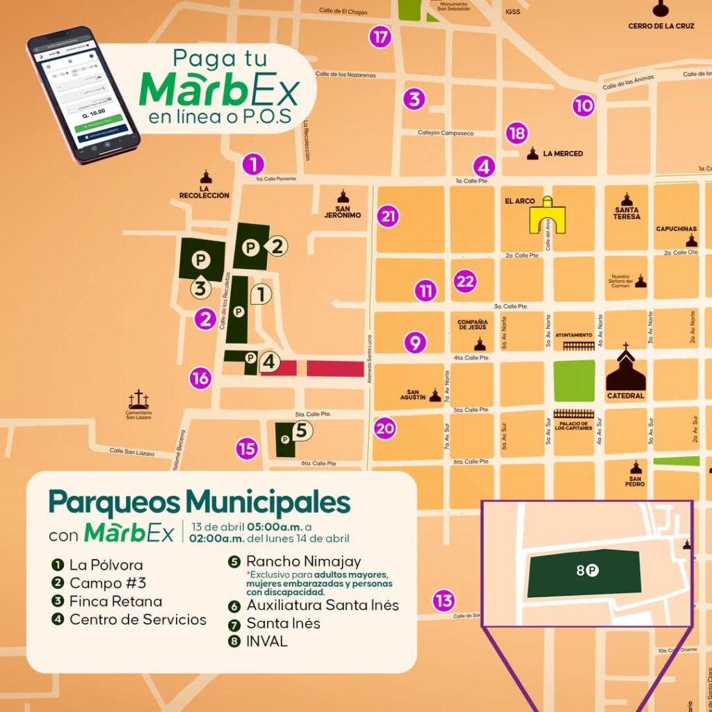 Estos son los parqueos municipales y horarios para el Domingo de Ramos (13 de abril): municipalidad de La Antigua Guatemala.