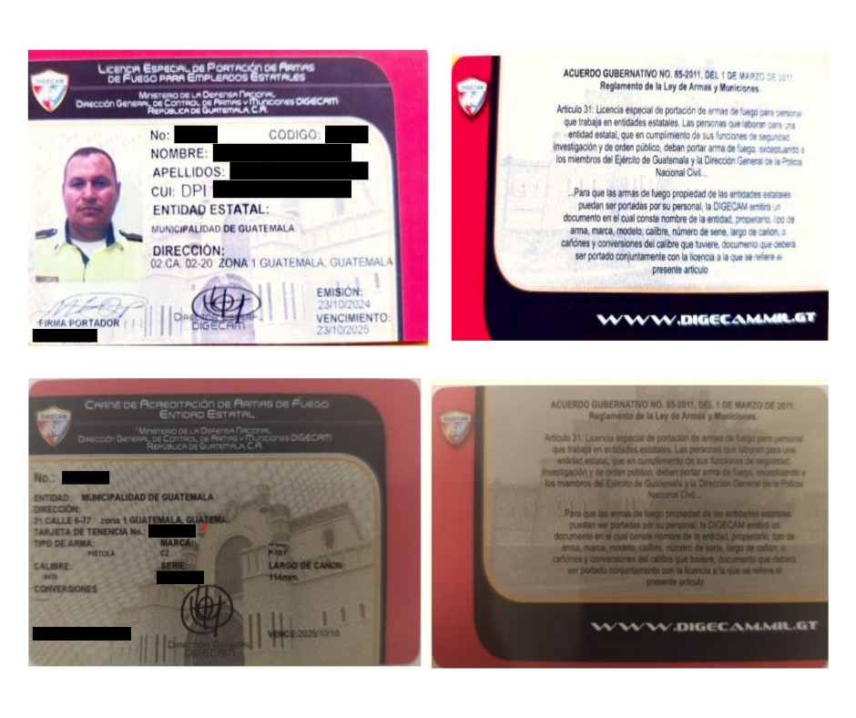 Licencia y carné de acreditación de portación de armas para entidad estatal de la Municipalidad de Guatemala.