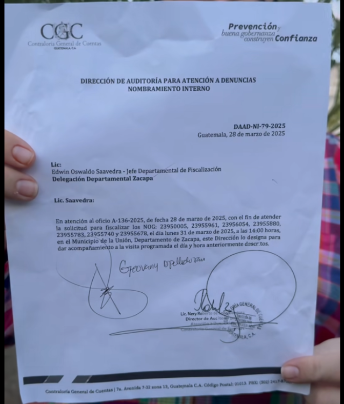 Nombramiento para el acompañamientode la CGC a la municipalidad de La Unión, Zacapa.