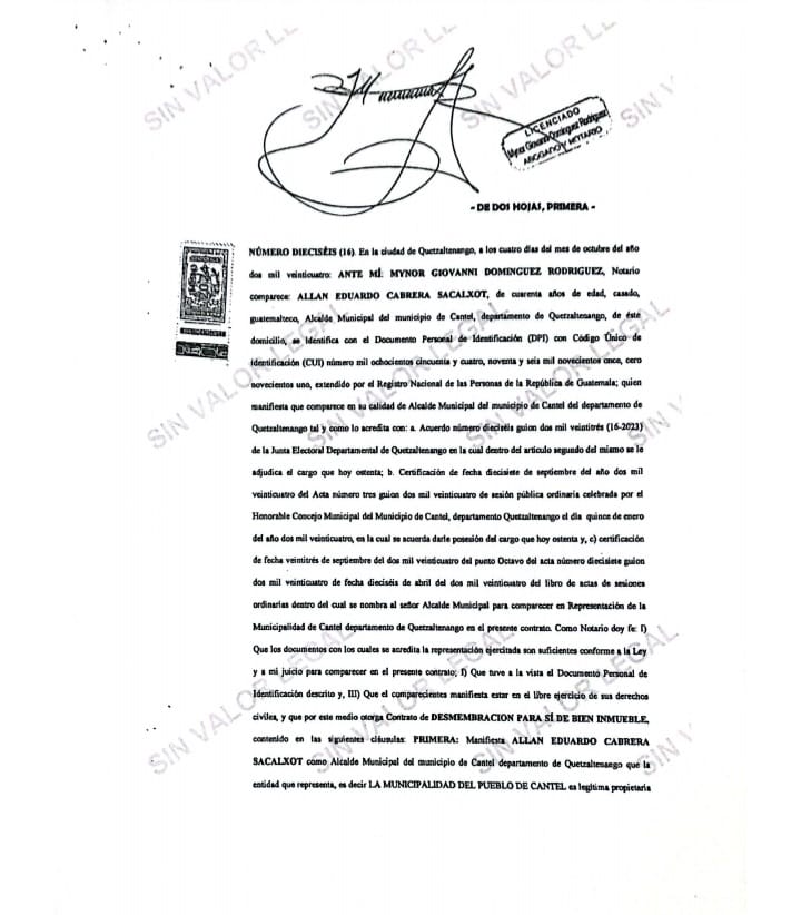 Esta es una copia de las escrituras publicas obtenidas en el Segundo Registro de la Propiedad donde se establece que el alcalde de forma individual realizó la desmembración de los terrenos en cuestión