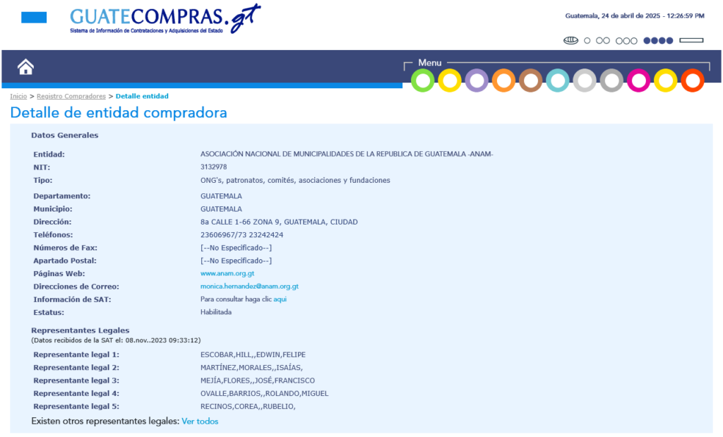 Registro de la Anam en el portal del Sistema de Contrataciones y Adquisiciones del Estado.