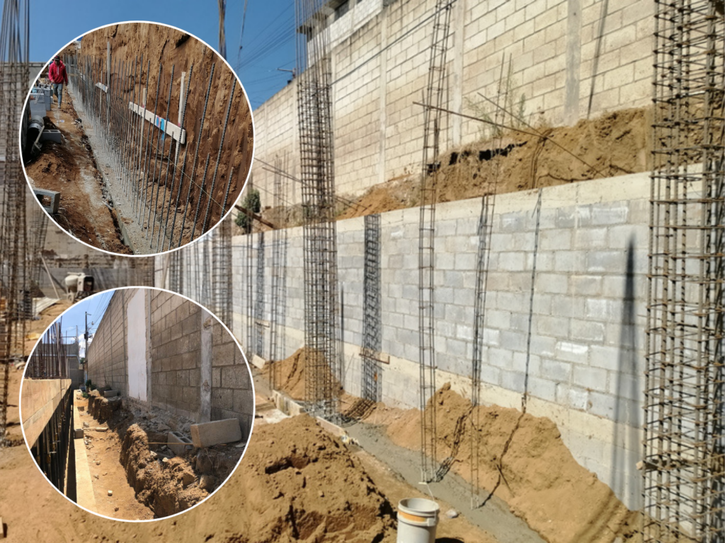 Muro de contención y muro superior existente.