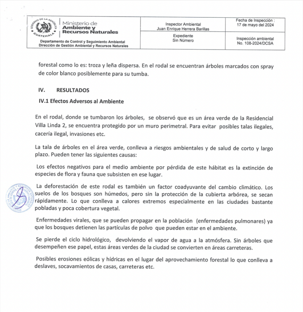 Efectos adversos en el ambiente del proyecto. Fuente: informe MARN, vecinos.