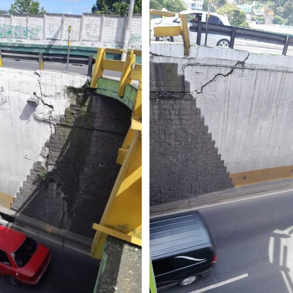 El muro lateral de ingreso presenta desprendimientos en el recubrimiento, filtraciones, erosiones y grandes grietas. En el viaducto se estima que pasan a diario 100 mil vehículos.