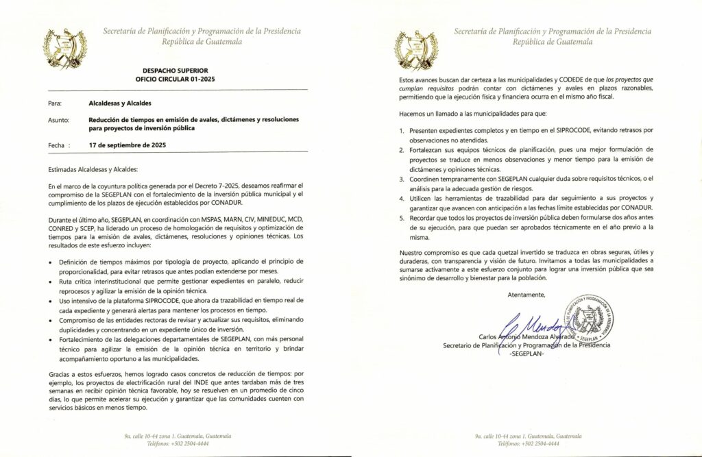 Segeplan solicitó a las municipalidades fortalecer sus capacidades técnicas para agilizar la emisión de opinión técnica. Esta es la carta que les envió a los alcaldes.