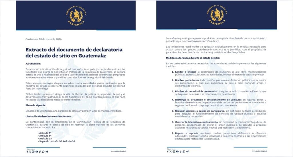 El decreto de estado de sitio, conforme a la ley, entró en vigencia desde que se firmó esta tarde en Consejo de Ministros. Se publicará el lunes 19 de enero de 2026 en el Diario de Centro América.
