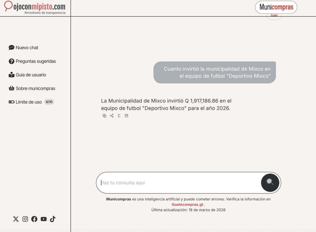 Municompras establece un límite de diez consultas diarias por usuario. El contador se reinicia de forma automática cada día a las 00:00 horas.