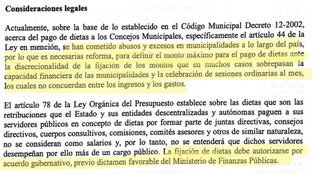 Captura de pantalla de la página 3 de la Iniciativa "Ley reguladora de las dietas municipales, reformas al Código Municipal, decreto 12-2002 del Congreso de la República’. 